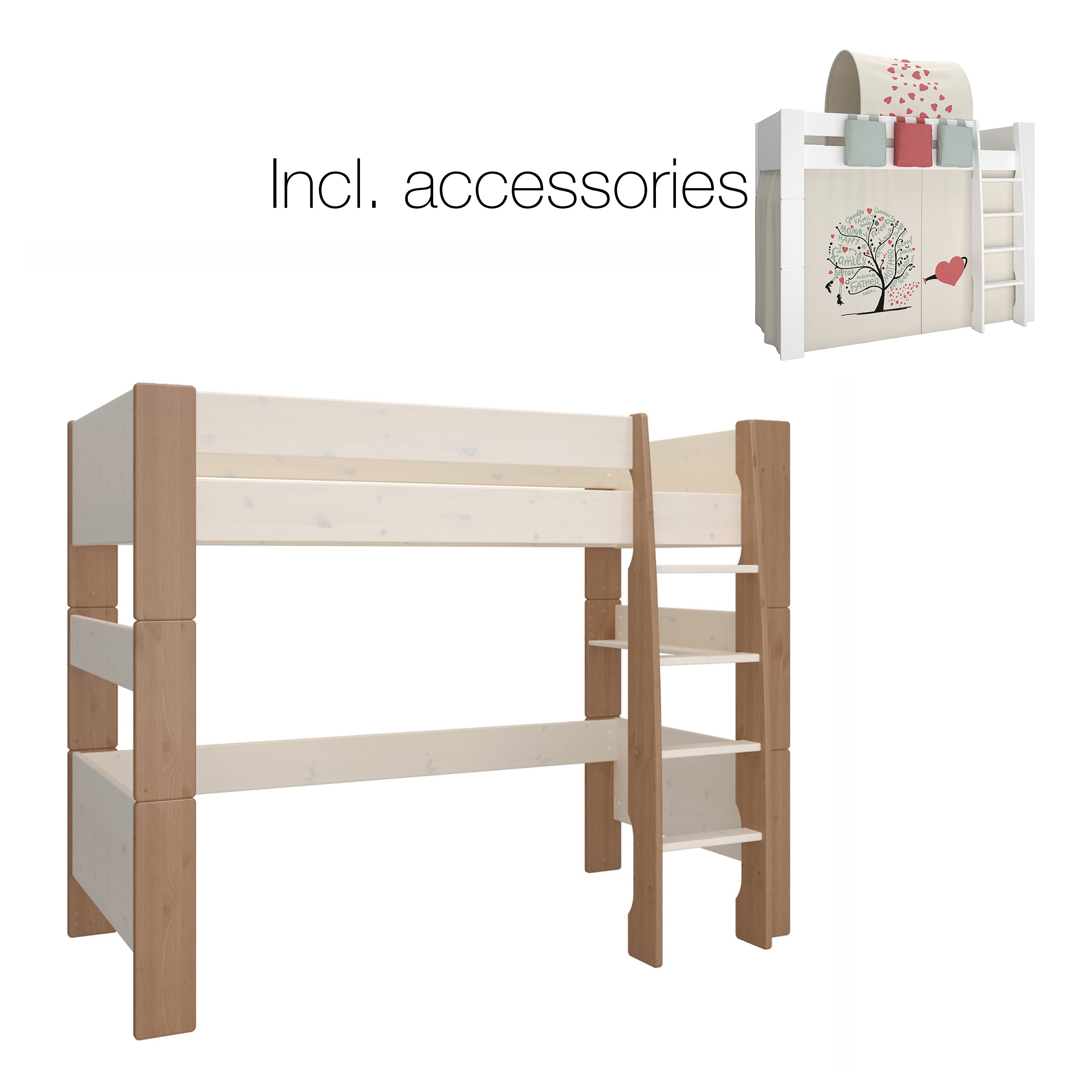 Steens for Kids High Sleeper in Whitewash Grey Brown Lacquered, Includes - Tree of Life Tent + Tunnel + 2 Pockets in Green + 1 Pocket in Red