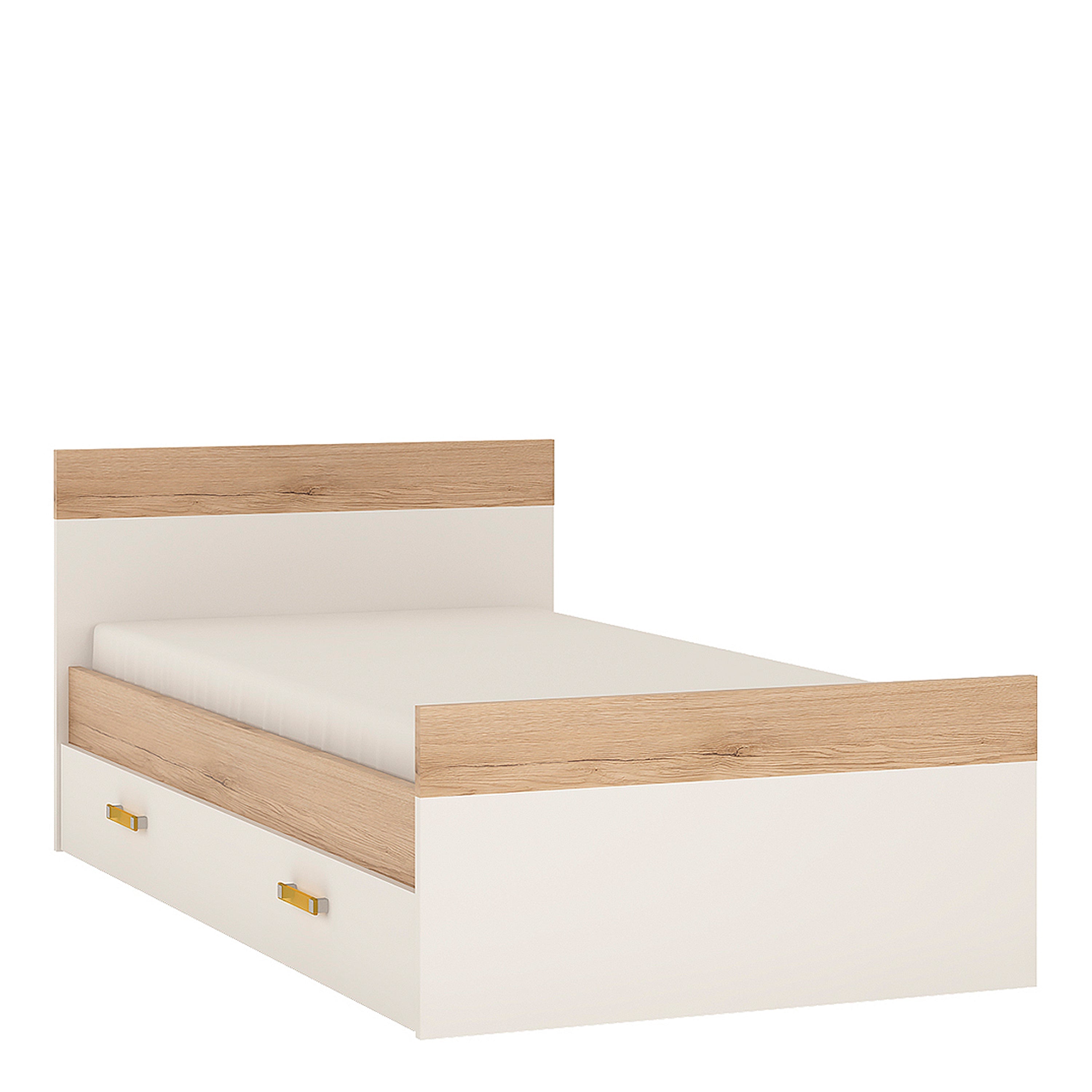 Trundle Single Bed with Underbed Drawer in Light Oak and white High Gloss (orange handles)