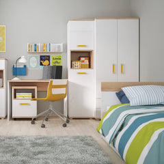 Trundle Single Bed with Underbed Drawer in Light Oak and white High Gloss (orange handles)