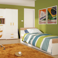 Trundle Single Bed with Underbed Drawer in Light Oak and white High Gloss (orange handles)