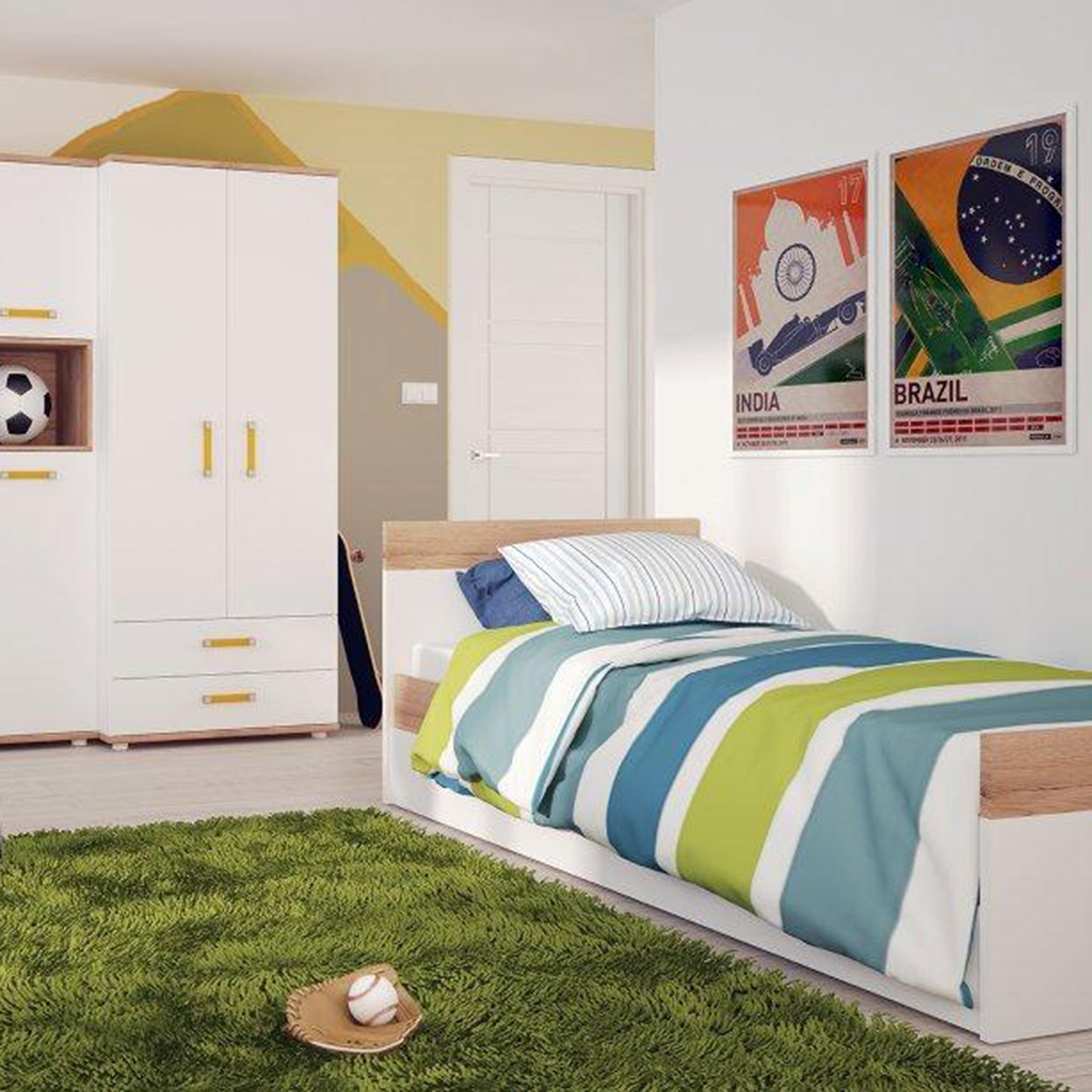 Trundle Single Bed with Underbed Drawer in Light Oak and white High Gloss (orange handles)