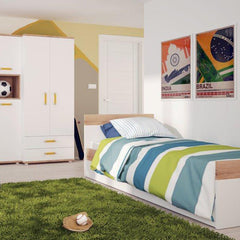 Trundle Single Bed with Underbed Drawer in Light Oak and white High Gloss (orange handles)