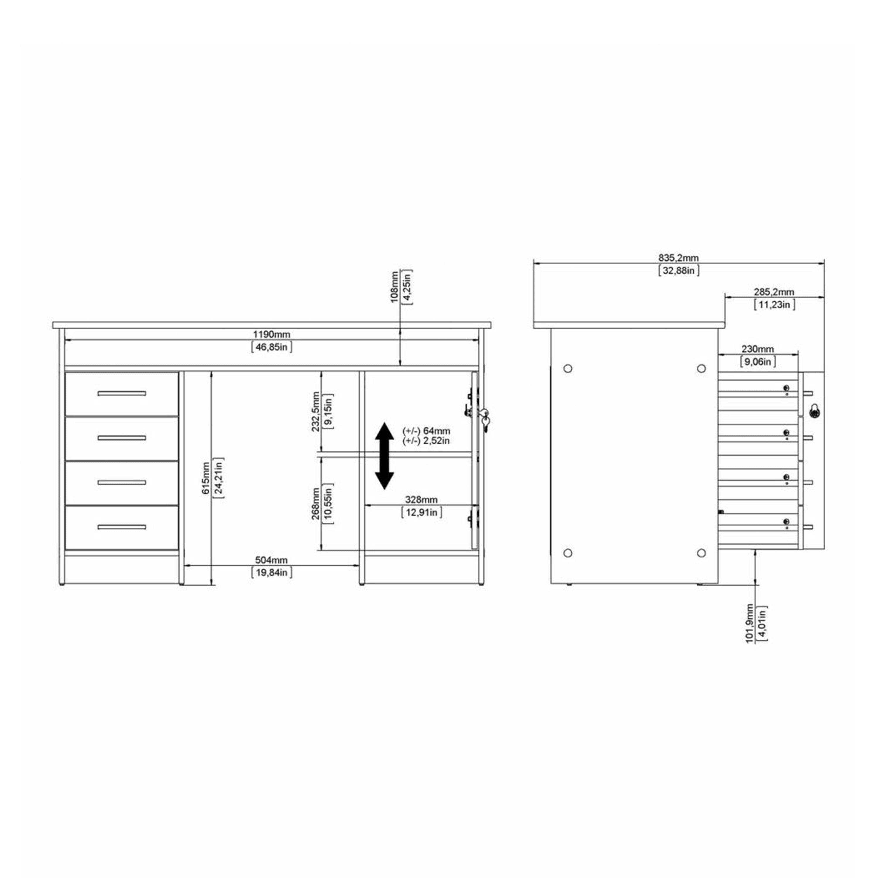 Function Plus Desk 4 Drawer 1 Door in White and Grey