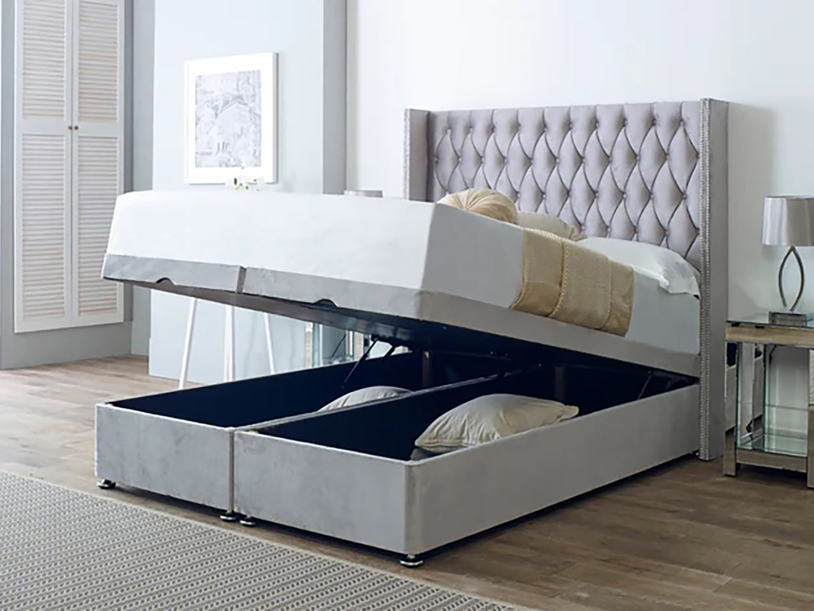 Belgravia Winged Beck Upholstered Headboard Divan Ottoman Storage Bed Frame