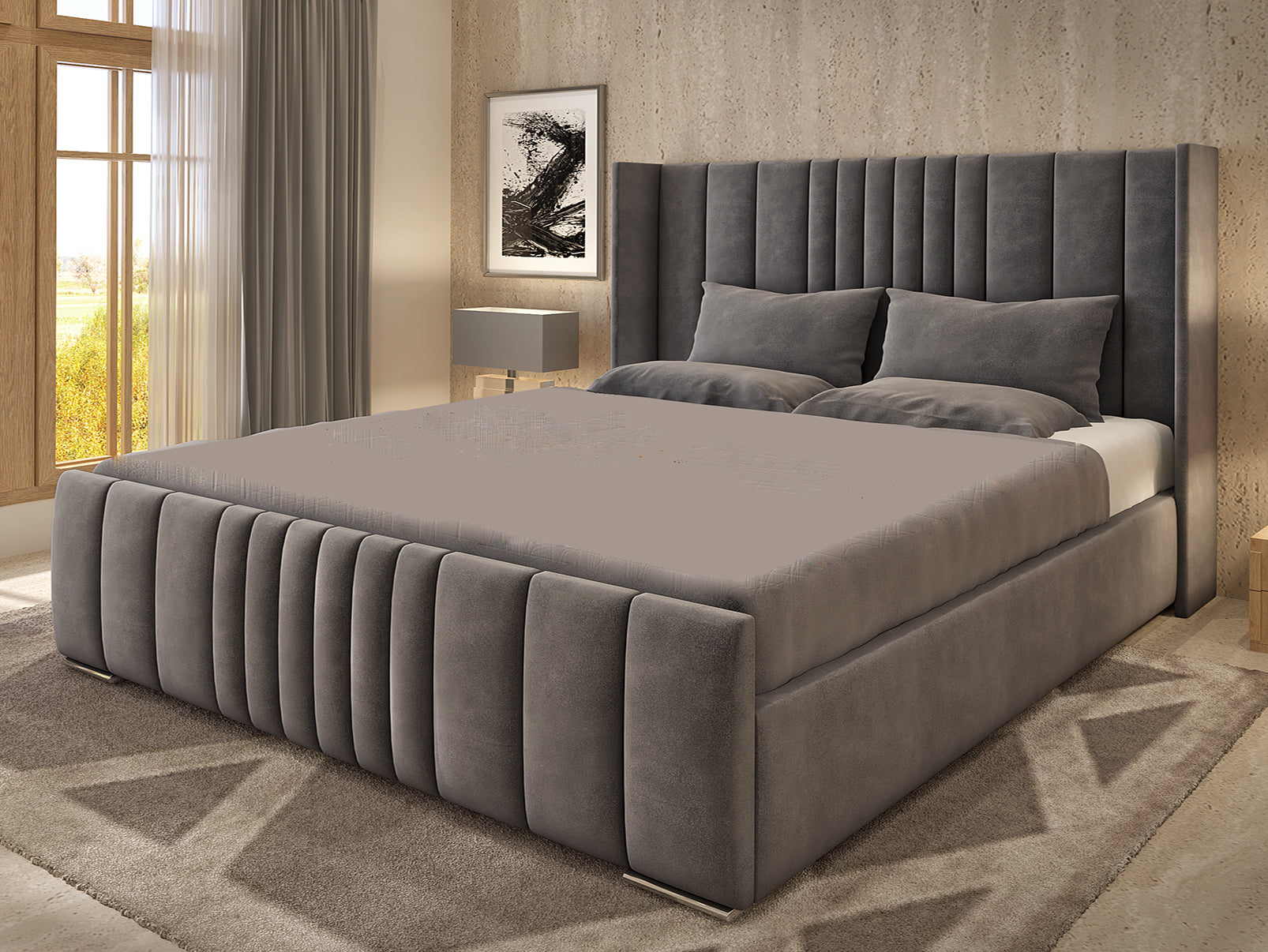Wolves Winged Headboard Bed Frame Ottoman Storage - Plush Velvet Steel