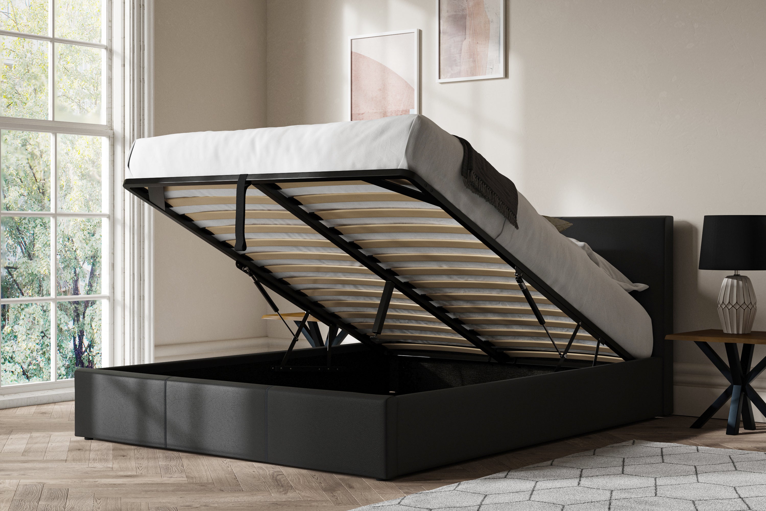 Prado Leather Ottoman Storage Bed Frame End-Lift Black / Brown Super King Size