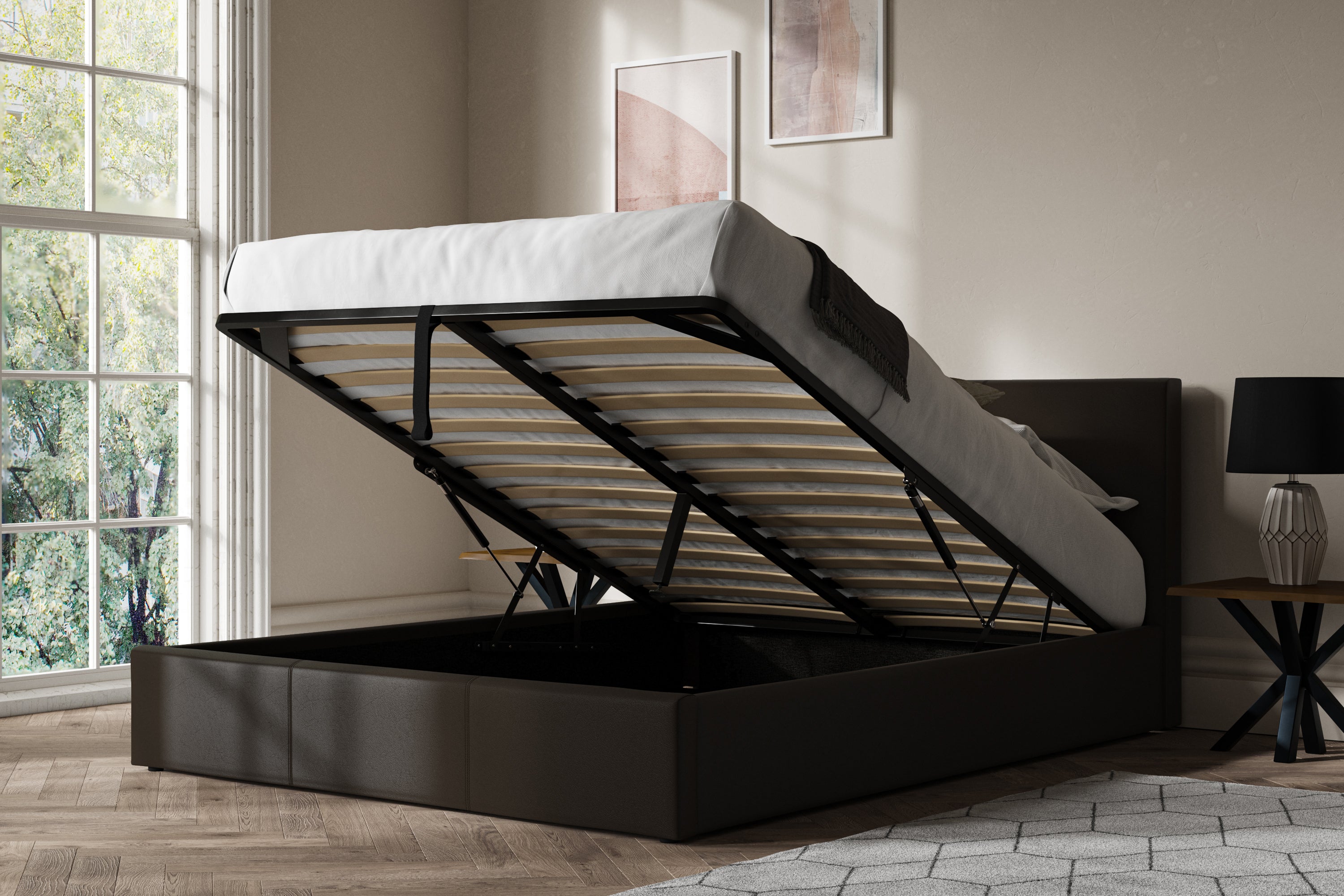 Prado Leather Ottoman Storage Bed Frame End-Lift Black / Brown Super King Size