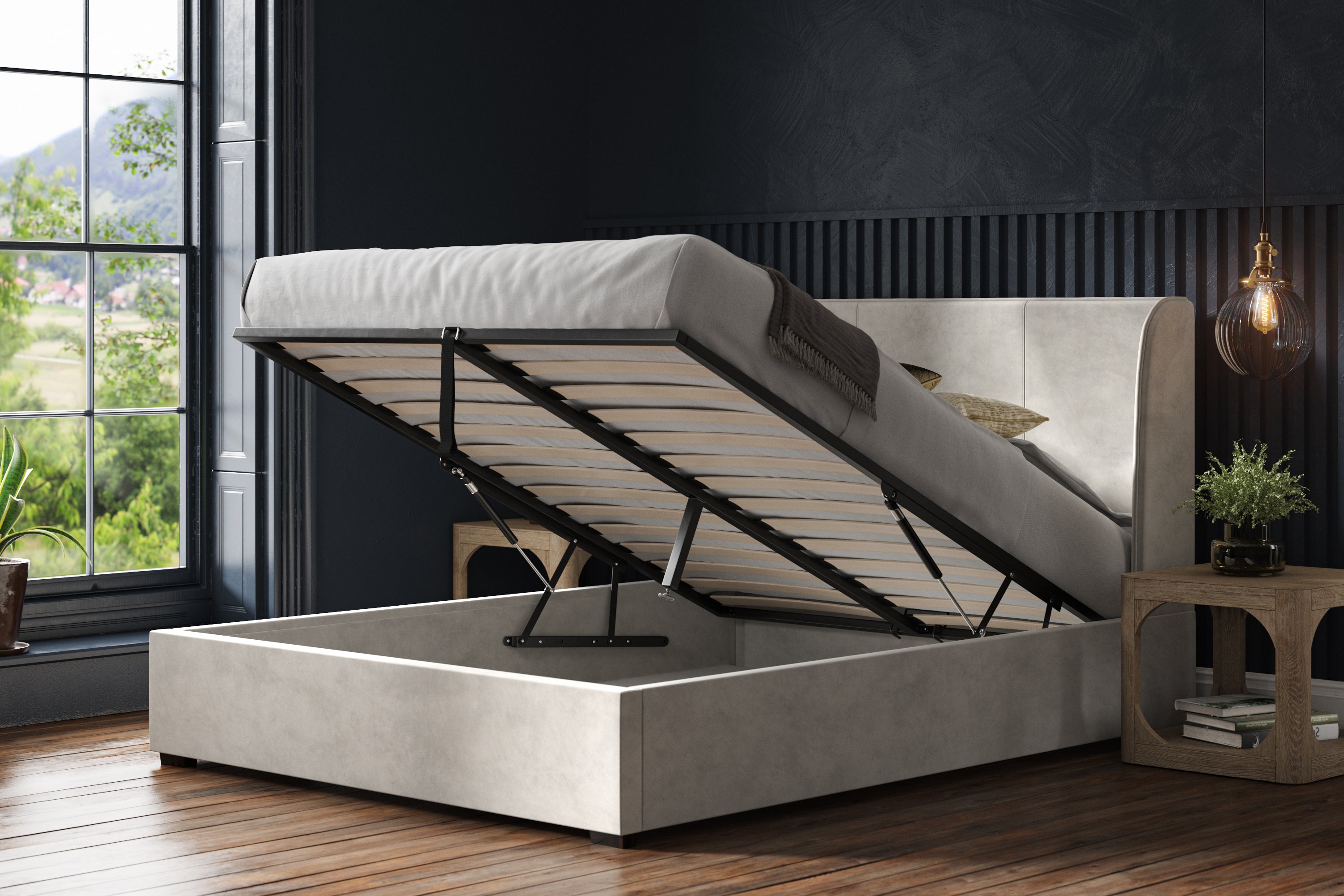 Rutland Fabric Ottoman Storage Bed Frame End Lift Grey Velvet