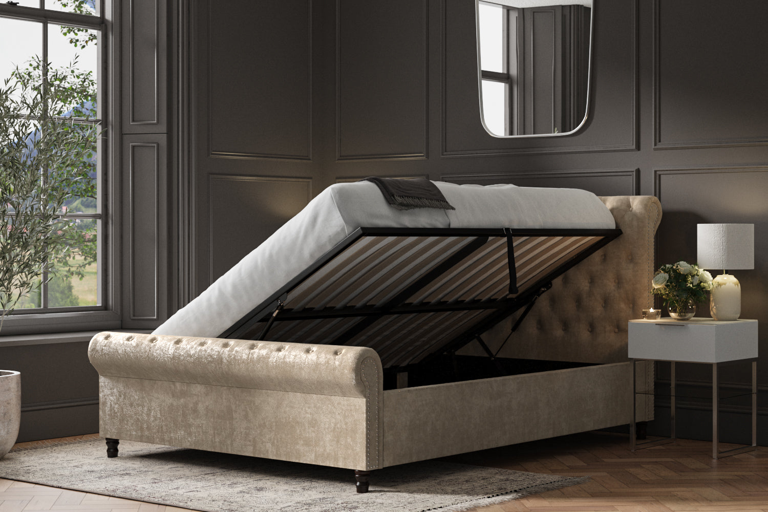 Brogan Fabric Ottoman Storage Bed Frame Side Lift Stone Chenille