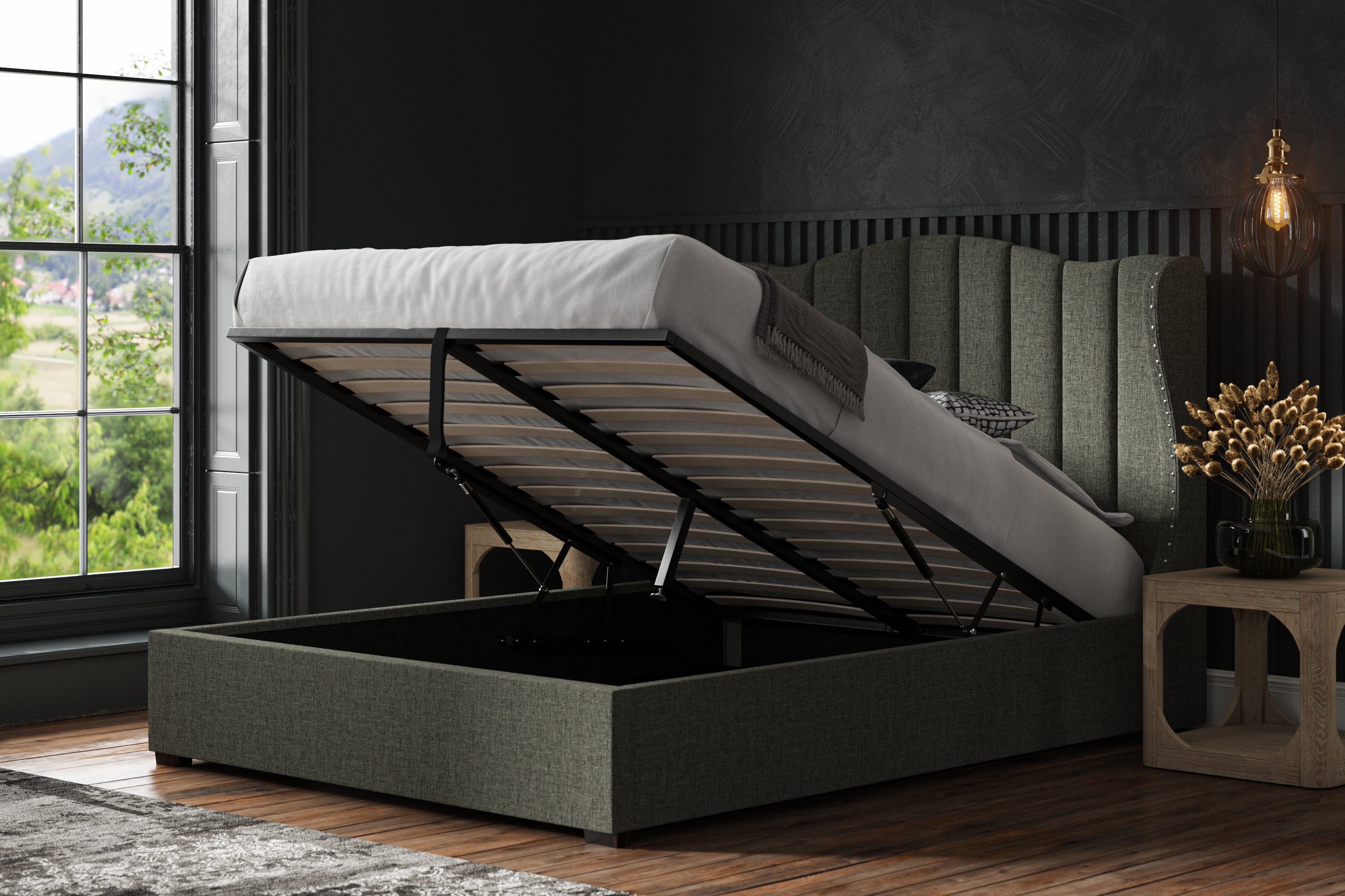Shergill Fabric Ottoman Storage Bed Frame End-Lift Chenille & Linen