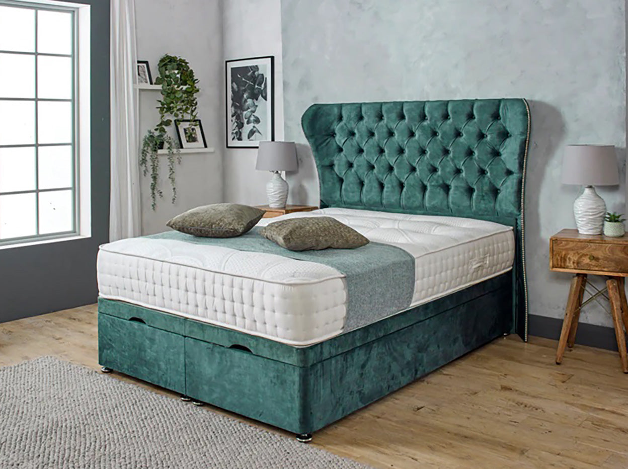 Belgravia Wide Headboard Bed Frame Ottoman Storage - Plush Velvet Emerald Green
