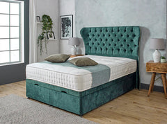 Belgravia Wide Headboard Bed Frame Ottoman Storage - Plush Velvet Emerald Green
