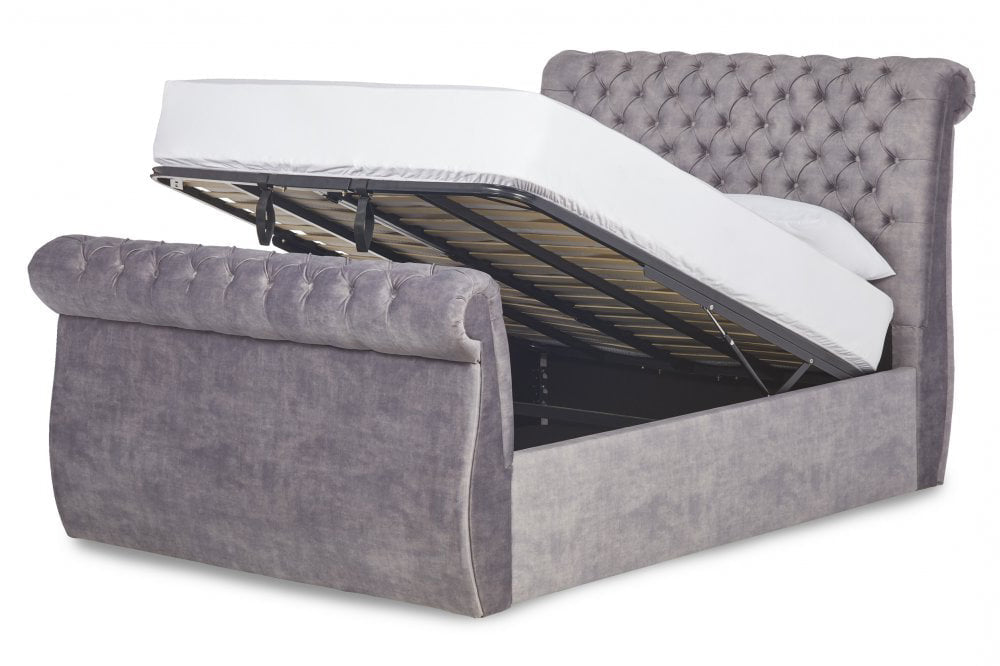 Sleigh Chester Bed Frame With Ottoman Gas Lift Storage Option
