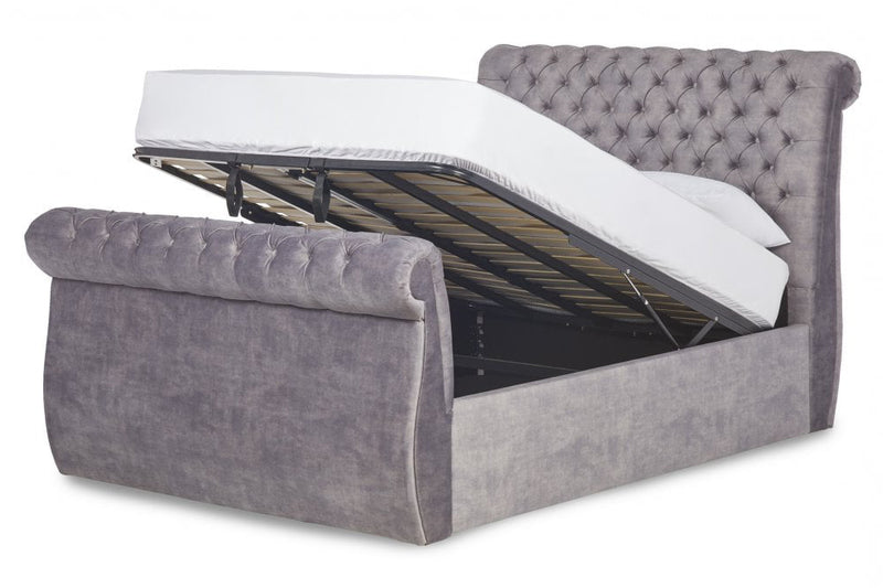 Sleigh Chester Bed Frame With Ottoman Gas Lift Storage Option