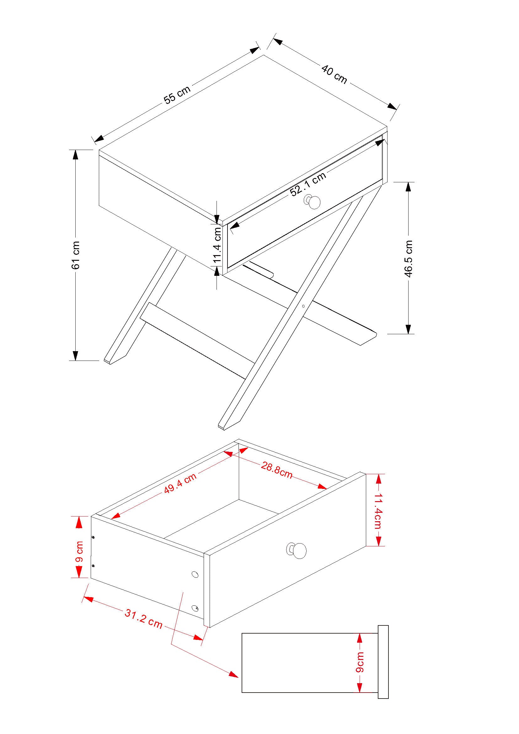 X Leg 1 Drawer Petite Bedside Cabinet