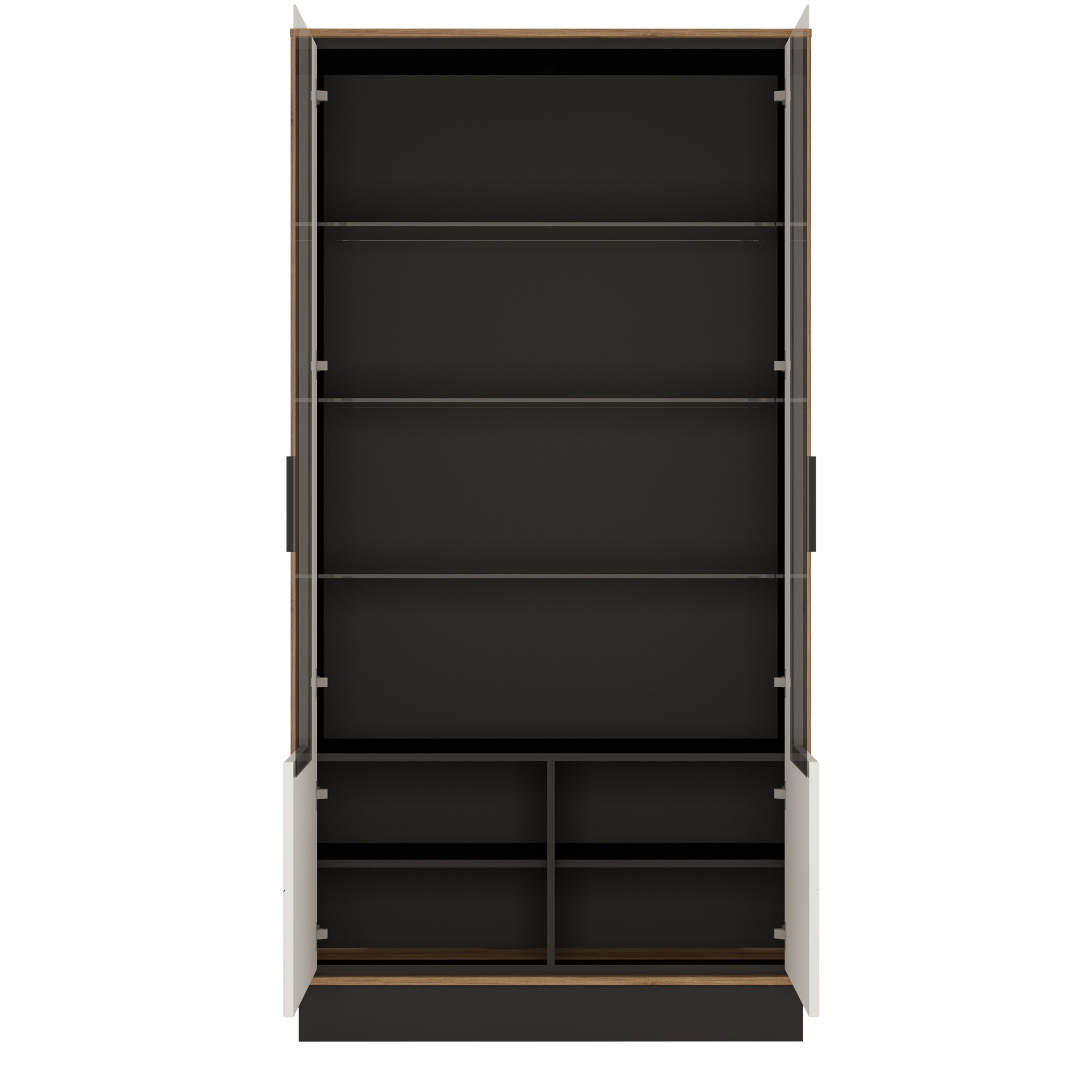 Brolo Tall wide glazed display cabinet in Walnut and White