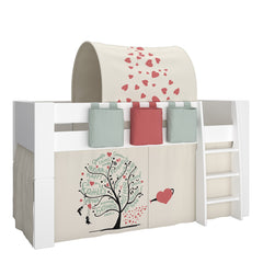 Steens for Kids Mid Sleeper in Whitewash Grey Brown Lacquered, Includes - Tree of Life Tent + Tunnel + 2 Pockets in Green + 1 Pocket in Red