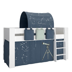 Steens for Kids Mid Sleeper in Whitewash Grey Brown Lacquered, Includes - Universe Tent + Tunnel + 2 Pockets in Blue + 1 Pocket in Green
