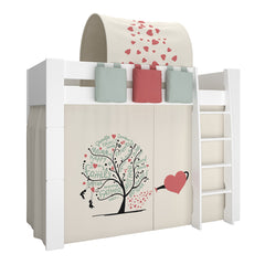 Steens for Kids High Sleeper in Whitewash Grey Brown Lacquered, Includes - Tree of Life Tent + Tunnel + 2 Pockets in Green + 1 Pocket in Red