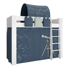 Steens for Kids High Sleeper in Whitewash Grey Brown Lacquered, Includes - Universe Tent + Tunnel + 2 Pockets in Blue + 1 Pocket in Green