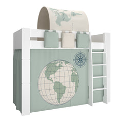 Steens for Kids High Sleeper in Whitewash Grey Brown Lacquered, Includes - World Tent + Tunnel + 2 Pockets in Green + 1 Pocket in Sand