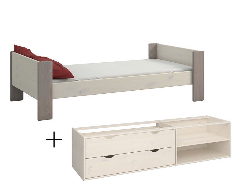 Steens for Kids Single Bed, Includes + Under Bed Drawer Section 2 Drawers in Whitewash Grey Brown Lacquered