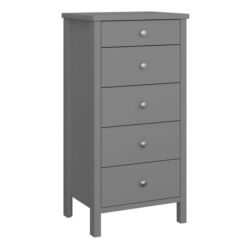 Tromso 5 Drawer Narrow Chest Folkestone Grey with Leather Handles