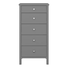 Tromso 5 Drawer Narrow Chest Folkestone Grey with Leather Handles