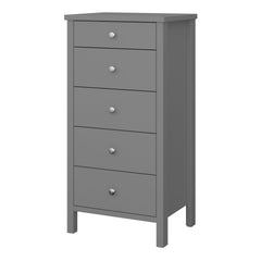 Tromso 5 Drawer Narrow Chest Folkestone Grey with Leather Handles