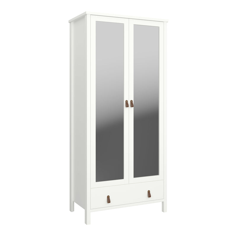 Tromso 2 Mirror Doors + 1 Drawer Wardrobe White with Leather Handles