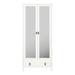 Tromso 2 Mirror Doors + 1 Drawer Wardrobe White with Leather Handles