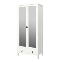 Tromso 2 Mirror Doors + 1 Drawer Wardrobe White with Leather Handles