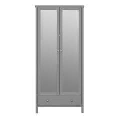 Tromso 2 Mirror Doors + 1 Drawer Wardrobe Folkestone Grey with Leather Handles