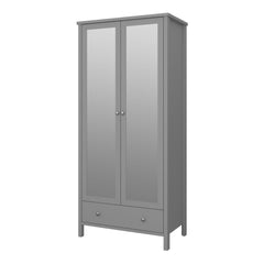 Tromso 2 Mirror Doors + 1 Drawer Wardrobe Folkestone Grey with Leather Handles