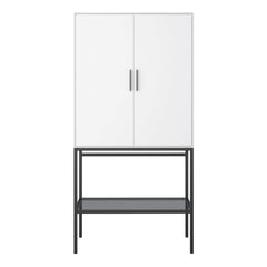 Slimline 2 Door Tall Cabinet in Pure White with Steel Black Legs