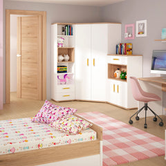 4Kids Corner Wardrobe in Light Oak and white High Gloss (orange handles)