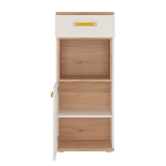 4Kids 1 Door 1 Drawer Narrow Cabinet in Light Oak and white High Gloss (orange handles)