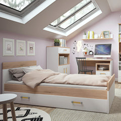 Trundle Single Bed with Underbed Drawer in Light Oak and white High Gloss (orange handles)
