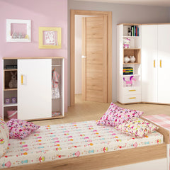 Trundle Single Bed with Underbed Drawer in Light Oak and white High Gloss (orange handles)