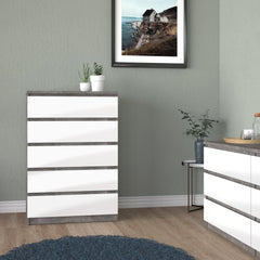 Naia Chest of 5 Drawers in Concrete and White High Gloss