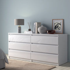 Naia Wide Chest of 6 Drawers (3+3) in White High Gloss