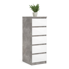 Naia Narrow Chest of 5 Drawers in Concrete and White High Gloss