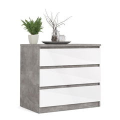 Naia Chest of 3 Drawers in Concrete and White High Gloss