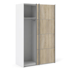 Verona Sliding Wardrobe 120cm in White with Oak Doors with 2 Shelves