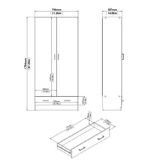 Space Wardrobe with 2 Doors + 1 Drawer in White 1750