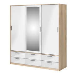 Line Wardrobe - 3 Doors 6 Drawers in Oak with White High Gloss