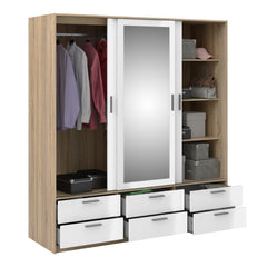 Line Wardrobe - 3 Doors 6 Drawers in Oak with White High Gloss