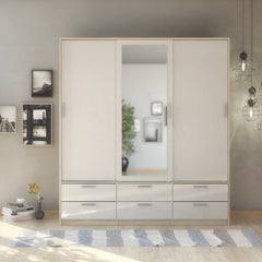 Line Wardrobe - 3 Doors 6 Drawers in Oak with White High Gloss