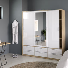 Line Wardrobe - 3 Doors 6 Drawers in Oak with White High Gloss