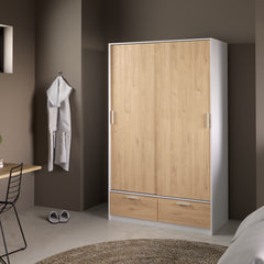 Line Wardrobe with 2 Doors + 2 Drawers in White and Jackson Hickory Oak